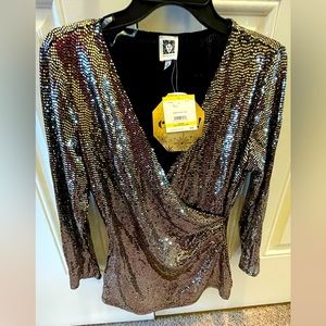 NWT New Anne Klein Gold Sequin Wrap V-Neck Top -Size Medium